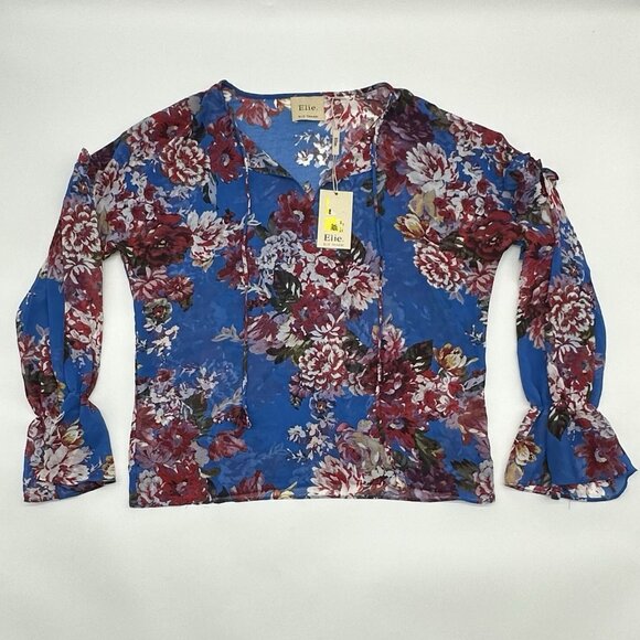 Elie Tahari Size XS Spring Blossom Print Sheer Chiffon Long Sleeve Blouse NWT - Picture 1 of 11